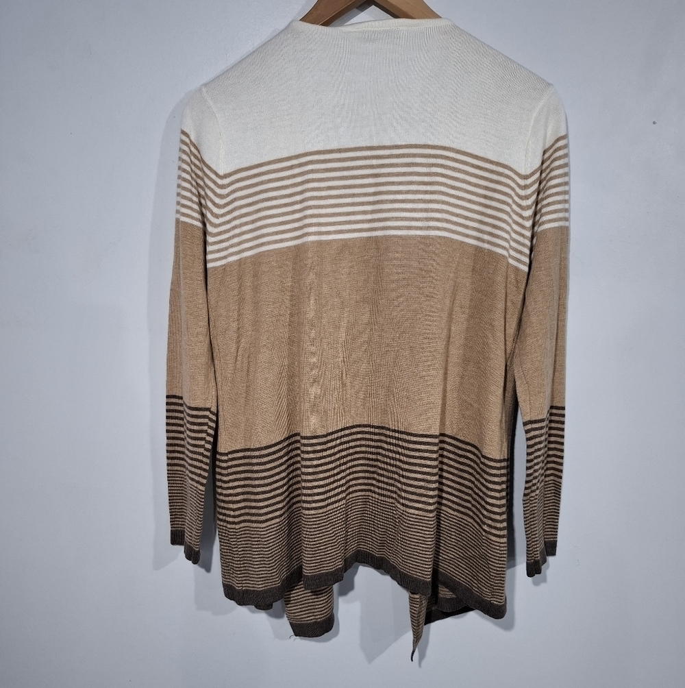 Sioni Cardigan Sweater Sz M Brown Cream Striped Draped Open Front Cashmere Blend - Picture 2 of 8